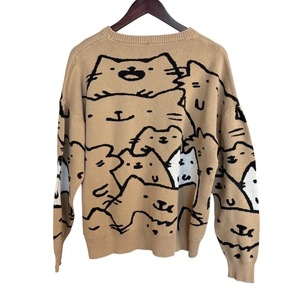 Cat Graphic Knit Sweater Tan Oversized Crewneck Feline Print XL Y2K Quirky